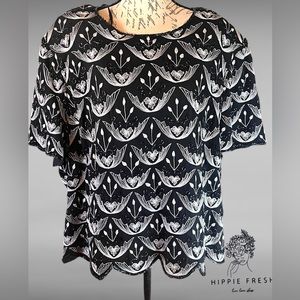 90s Vintage Papell Boutique Evening Black Beaded 100% Silk Blouse Plus Size 5X